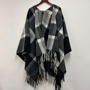 Modena Shawl Wrap Womens One Size Gray Plaid Fleece Fringe Rectangle Scarf